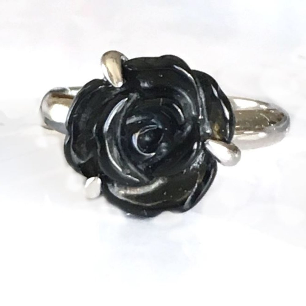 Black Obsidian Carved Flower Ring .925 Sterlng Silver Size 5 or 7 Natural Gem - Picture 3 of 9